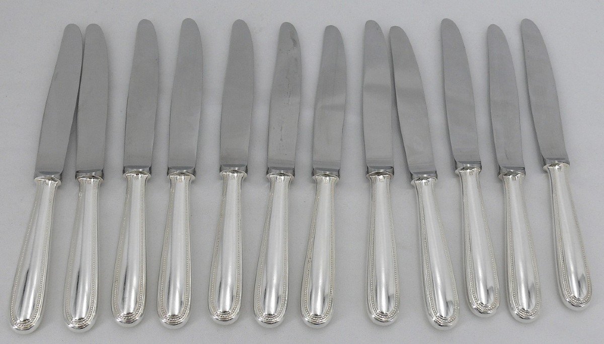 Christofle Perles Model, 12 Dessert, Cheese And Entremet Knives, In Silver Metal.-photo-3