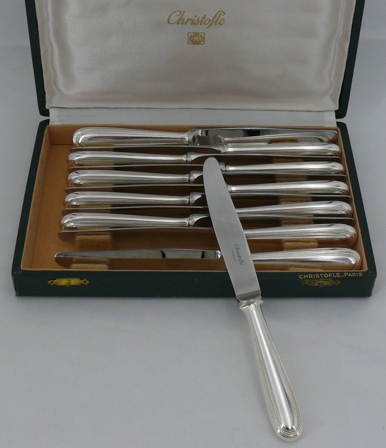 Christofle Perles Model, 12 Dessert, Cheese And Entremet Knives, In Silver Metal.