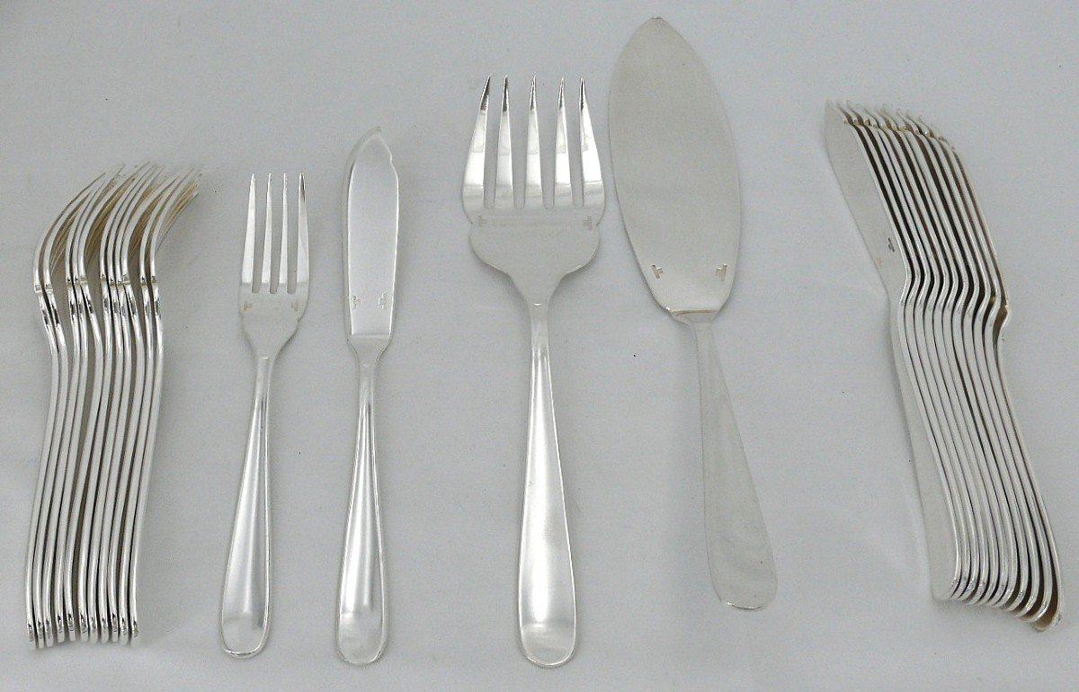 Christofle Dax Model, 12 Fish Cutlery Sets + 1 Serving Cutlery Set, 26 Pieces, Silver Metal.-photo-2