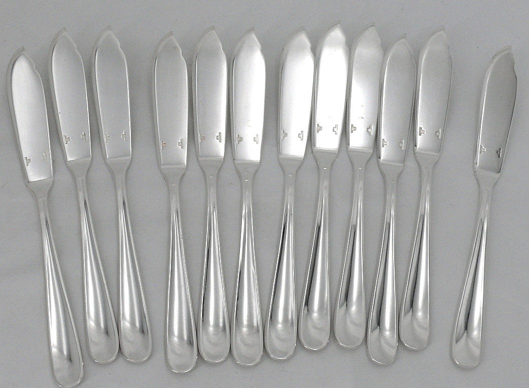 Christofle Dax Model, 12 Fish Cutlery Sets + 1 Serving Cutlery Set, 26 Pieces, Silver Metal.-photo-1