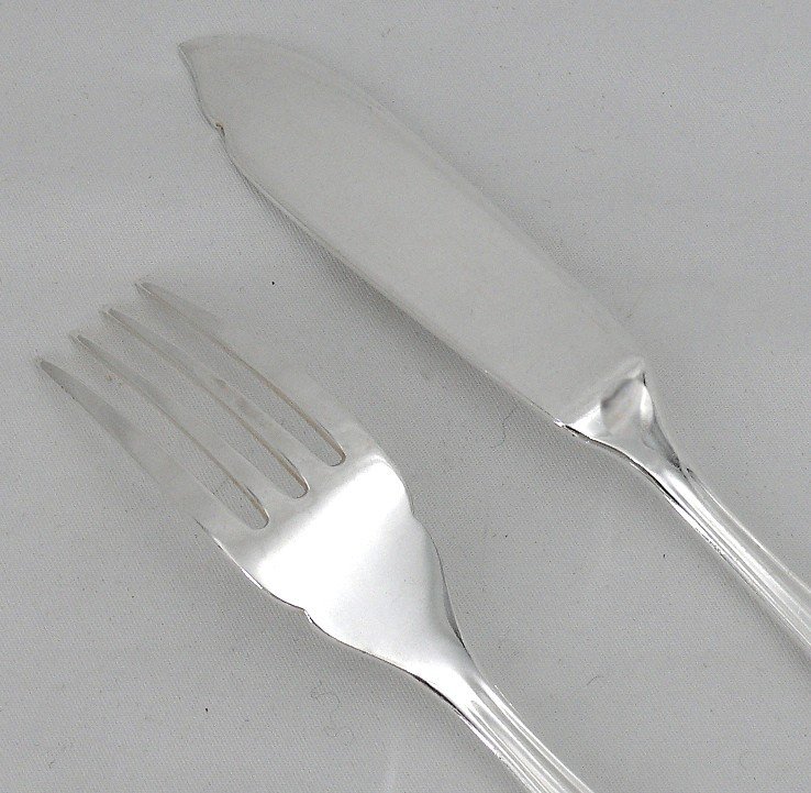 Christofle Dax Model, 12 Fish Cutlery Sets + 1 Serving Cutlery Set, 26 Pieces, Silver Metal.-photo-4