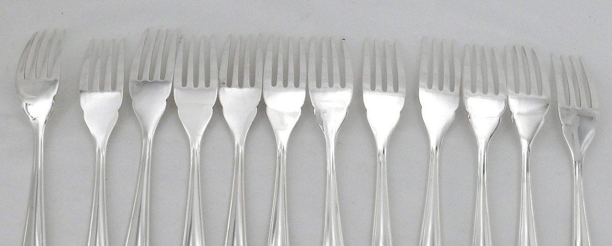 Christofle Dax Model, 12 Fish Cutlery Sets + 1 Serving Cutlery Set, 26 Pieces, Silver Metal.-photo-5