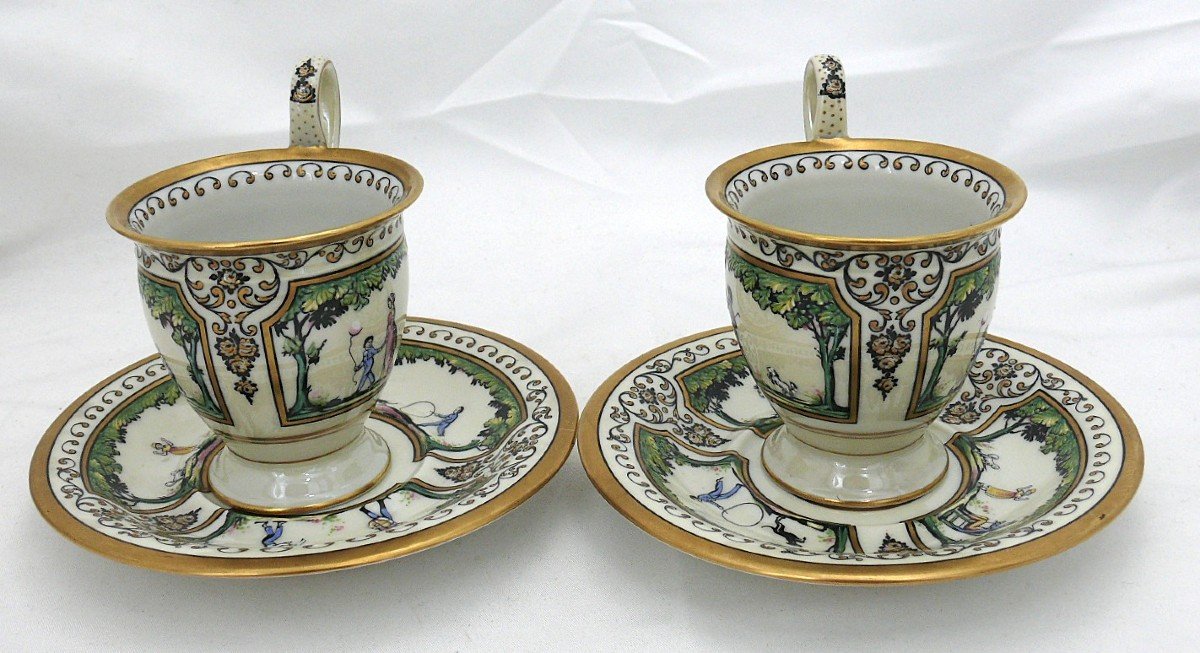 Raynaud, Porcelaine De Limoges, Promenade Au Palais Royal, Paire De Tasses En Excellent état.-photo-1