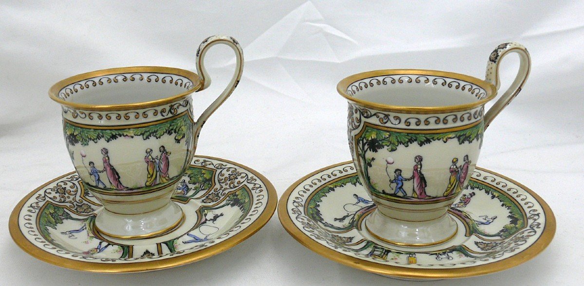 Raynaud, Porcelaine De Limoges, Promenade Au Palais Royal, Paire De Tasses En Excellent état.-photo-3