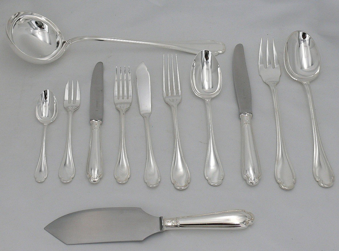 Alfenide/christofle Pompadour Model, 100 Piece Silver Plated Metal Cutlery Set.-photo-2