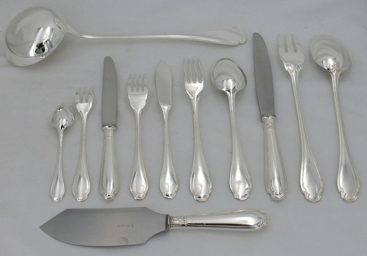 Alfenide/christofle Pompadour Model, 100 Piece Silver Plated Metal Cutlery Set.-photo-5