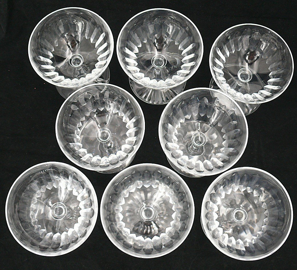 Baccarat Lorraine Model, 8 Cut Crystal Champagne Glasses, Signed, Excellent Condition.-photo-1