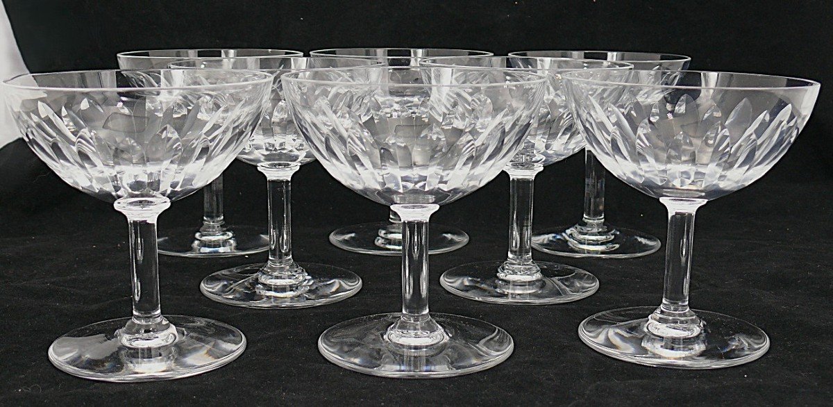 Baccarat Lorraine Model, 8 Cut Crystal Champagne Glasses, Signed, Excellent Condition.-photo-2