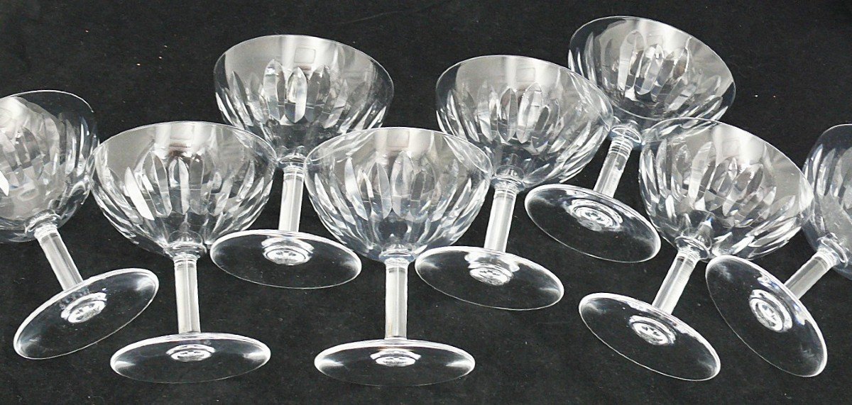 Baccarat Lorraine Model, 8 Cut Crystal Champagne Glasses, Signed, Excellent Condition.-photo-8