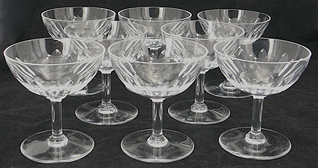 Baccarat Lorraine Model, 8 Cut Crystal Champagne Glasses, Signed, Excellent Condition.