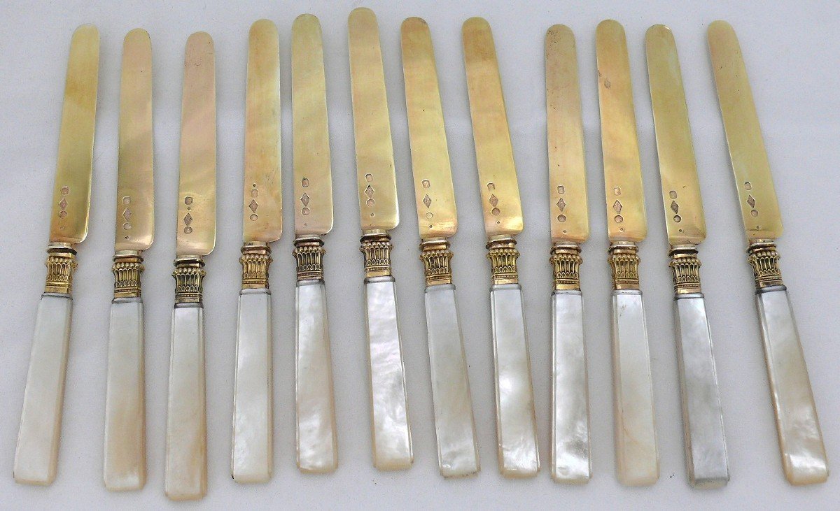 Cardeilhac, 12 Fruit Knives, Silver Gilt And Mother-of-pearl, Old Hallmark.-photo-2