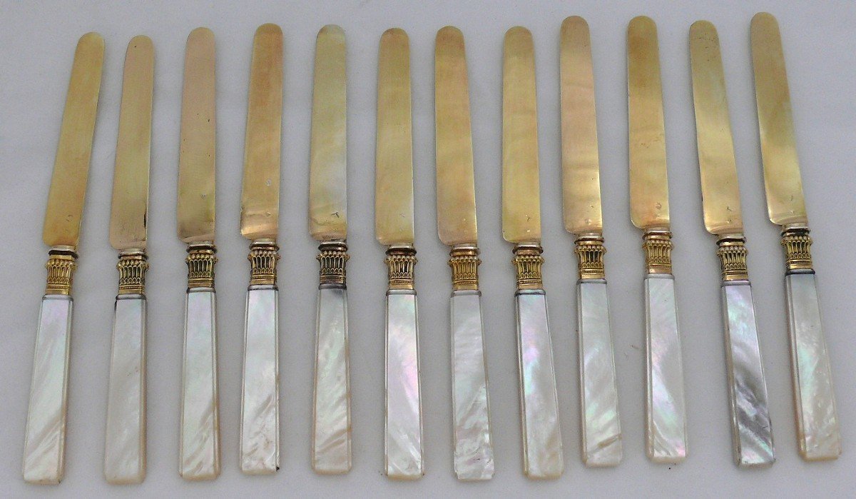 Cardeilhac, 12 Fruit Knives, Silver Gilt And Mother-of-pearl, Old Hallmark.-photo-2