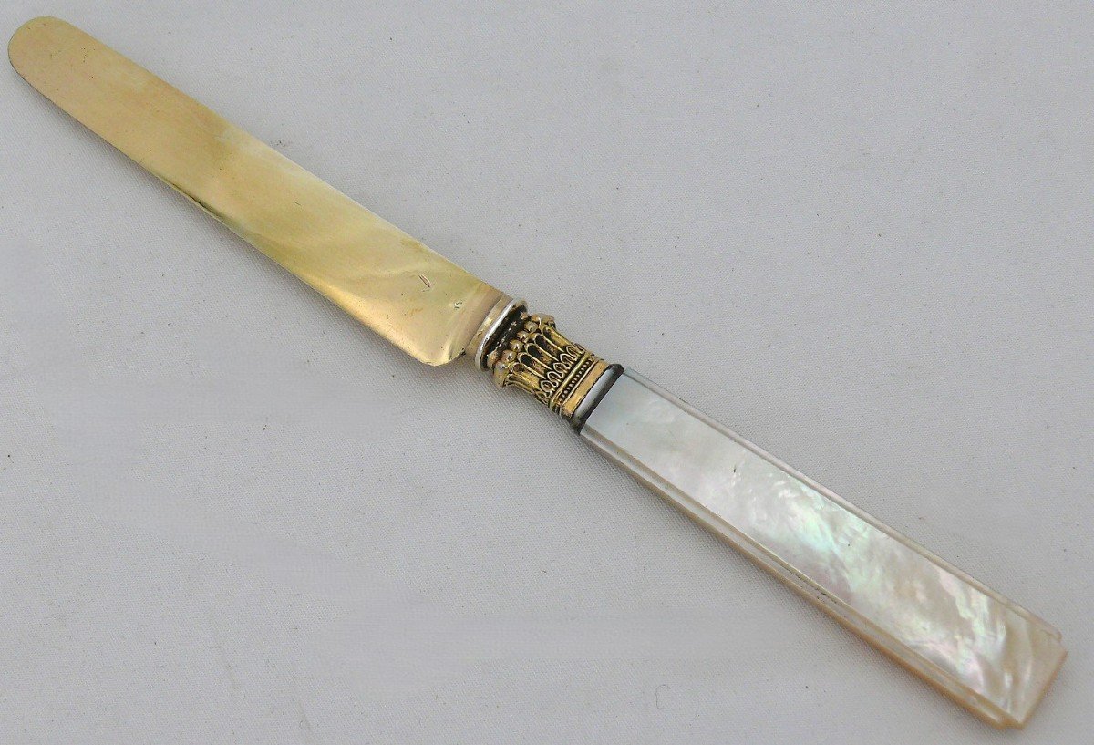 Cardeilhac, 12 Fruit Knives, Silver Gilt And Mother-of-pearl, Old Hallmark.-photo-3