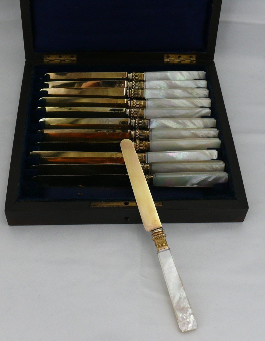 Cardeilhac, 12 Fruit Knives, Silver Gilt And Mother-of-pearl, Old Hallmark.