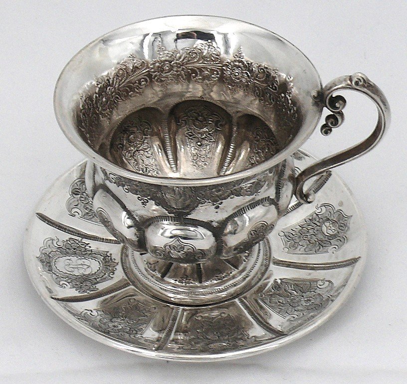 Engraved Silver Cup And Saucer, Solid Minerva, Napoleon III, Eugène Roussel-doutre.-photo-3