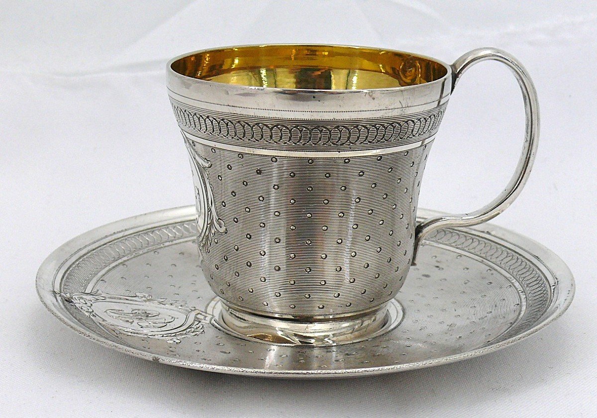 Cup + Saucer, Solid Silver Minerva, Napoleon III, César Tonnelier, Guilloché.-photo-2