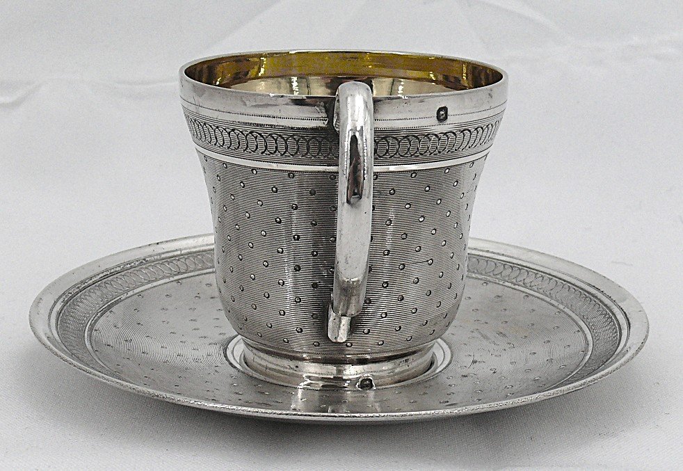 Cup + Saucer, Solid Silver Minerva, Napoleon III, César Tonnelier, Guilloché.-photo-4