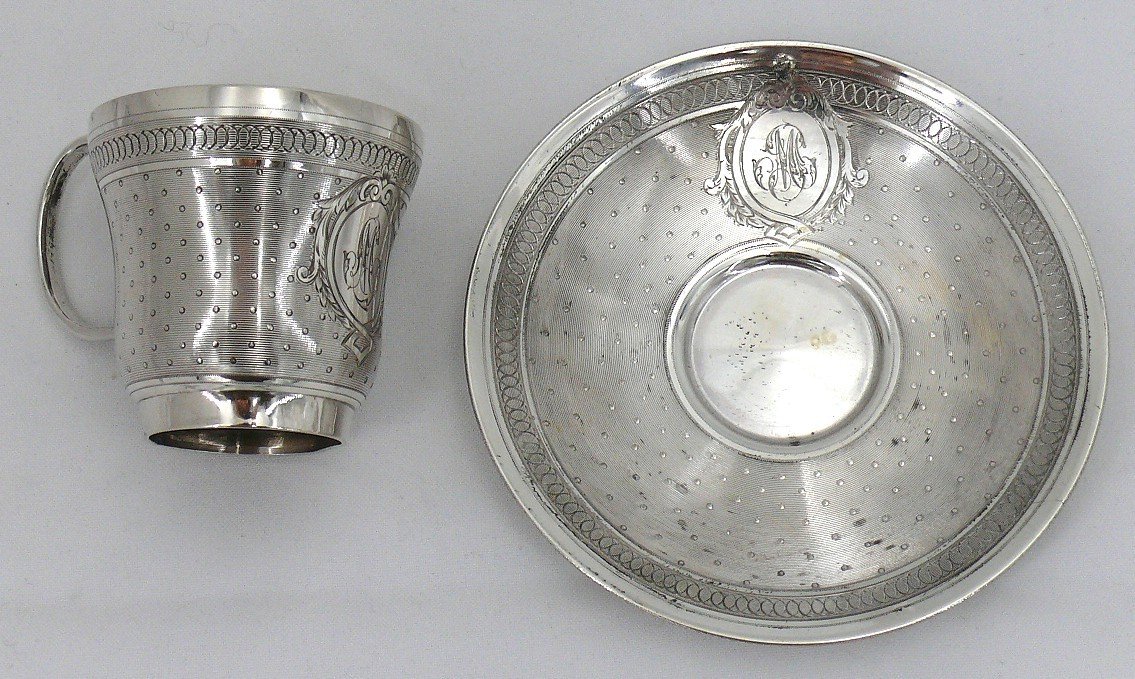 Cup + Saucer, Solid Silver Minerva, Napoleon III, César Tonnelier, Guilloché.-photo-2