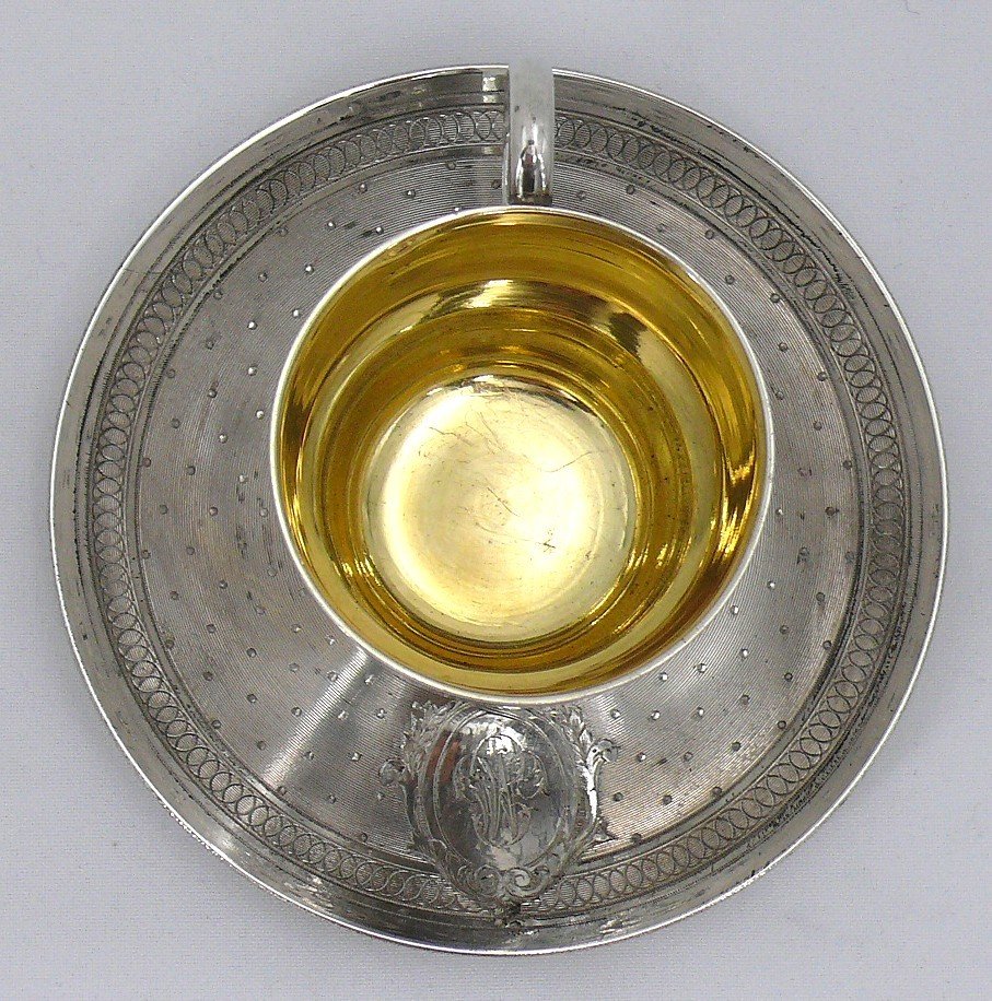 Cup + Saucer, Solid Silver Minerva, Napoleon III, César Tonnelier, Guilloché.-photo-3