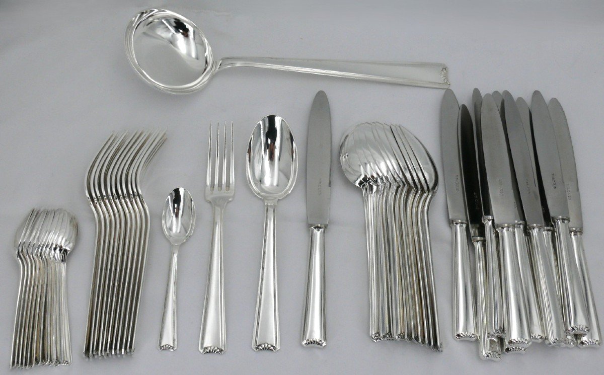 Ercuis Cambodia Model, Art Deco Cutlery Set 49 Pieces, Silver Plated Metal, Excellent Condition.-photo-2