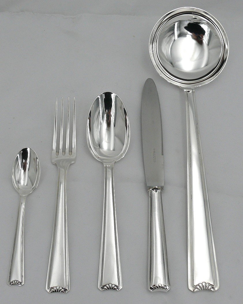 Ercuis Cambodia Model, Art Deco Cutlery Set 49 Pieces, Silver Plated Metal, Excellent Condition.-photo-3