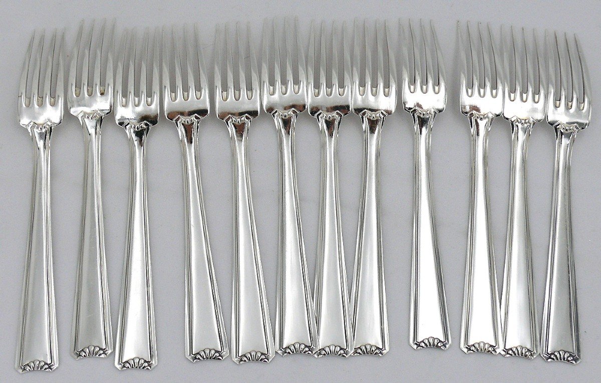 Ercuis Cambodia Model, Art Deco Cutlery Set 49 Pieces, Silver Plated Metal, Excellent Condition.-photo-4