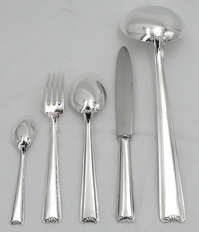 Ercuis Cambodia Model, Art Deco Cutlery Set 49 Pieces, Silver Plated Metal, Excellent Condition.-photo-5