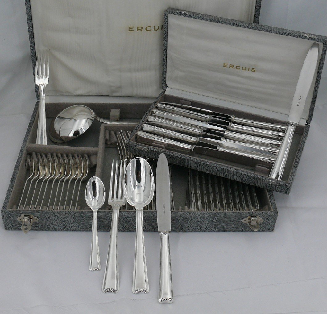 Ercuis Cambodia Model, Art Deco Cutlery Set 49 Pieces, Silver Plated Metal, Excellent Condition.