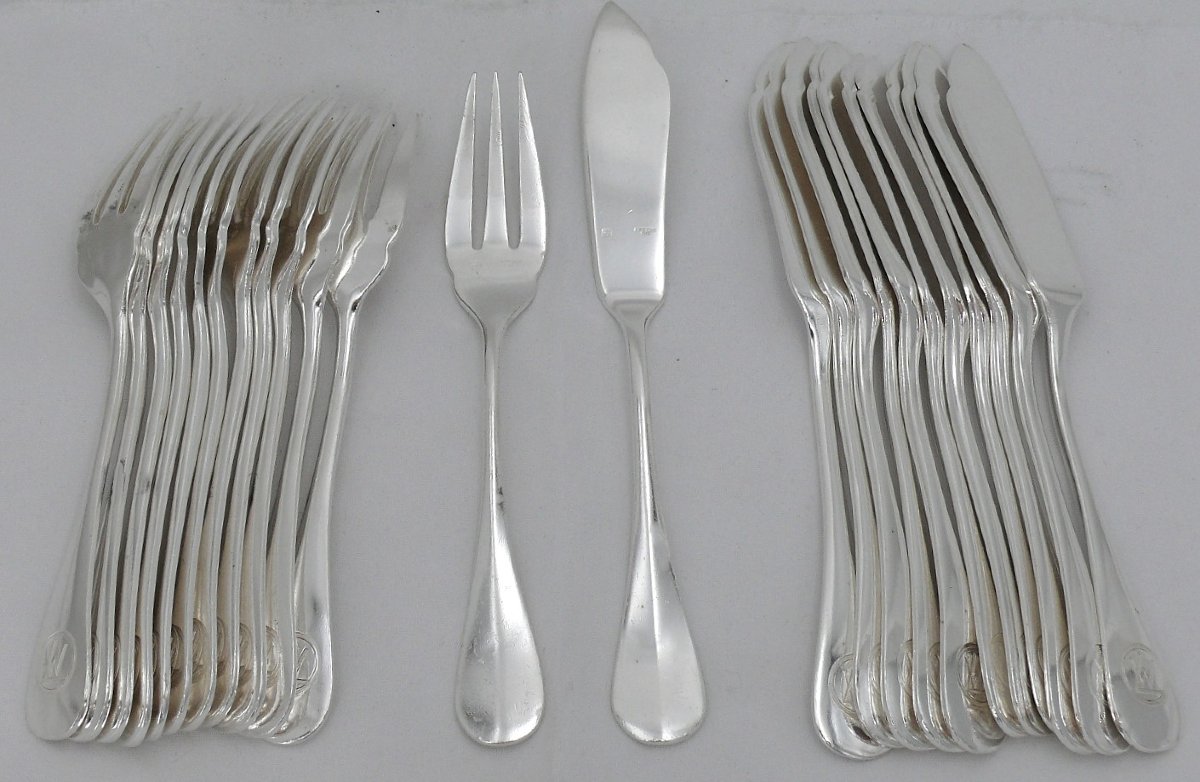 Ercuis, Compagnie Des Wagons Lits, 12 Fish Cutlery Sets, Baguette, Silver Metal.-photo-2