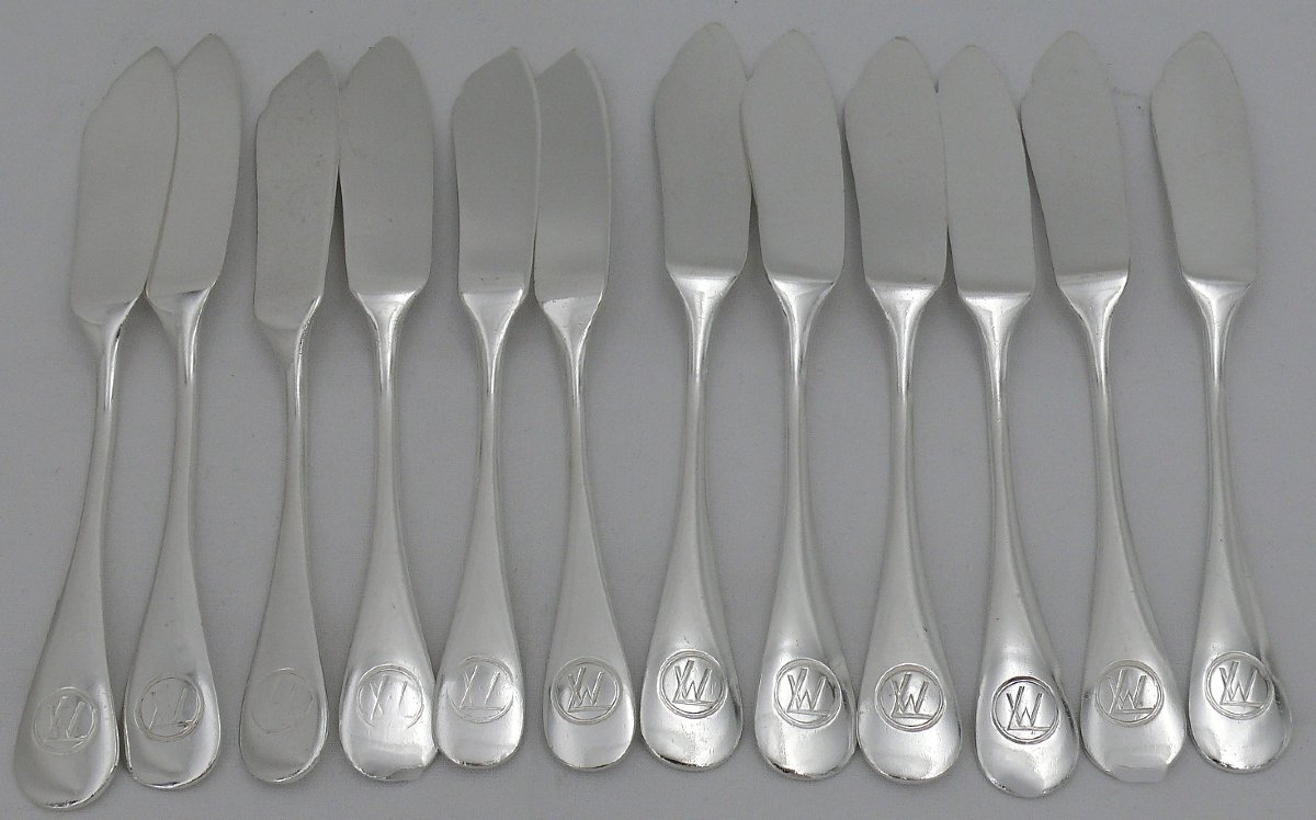 Ercuis, Compagnie Des Wagons Lits, 12 Fish Cutlery Sets, Baguette, Silver Metal.-photo-3