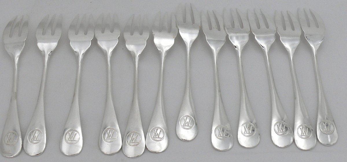 Ercuis, Compagnie Des Wagons Lits, 12 Fish Cutlery Sets, Baguette, Silver Metal.-photo-4