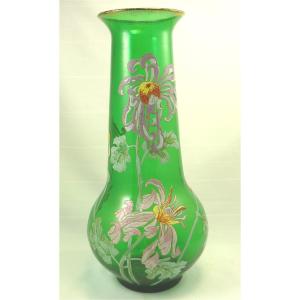 Legras, Vase With Polychrome Floral Enameled Decor, 36 Cm, Perfect Condition