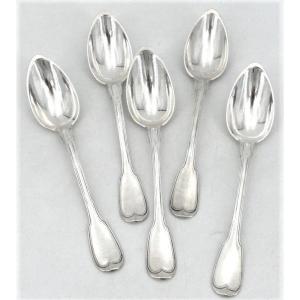 5 Dessert/dessert Spoons, 18.2 Cm, Old Sterling Silver, Filet Model.