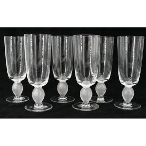 Lalique Langeais Model, 6 Champagne Flutes, Intact, Signed.