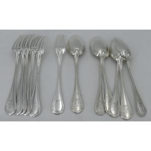 Henri Soufflot, 6 Silver Entremets/dessert Cutlery Minerva, 12 Pieces, Coat Of Arms, 642 G.