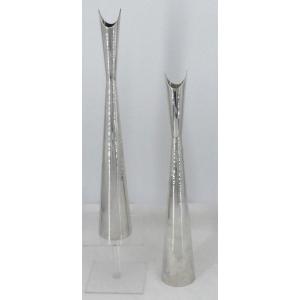 Lino Sabattini For Christofle, Pair Of Cardinal Model Vases, 37 Cm, Silver Metal.