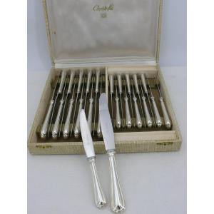 Christofle Spatours, 24 Silver Metal Knives, 12 Table Knives + 12 Dessert/cheese Knives.