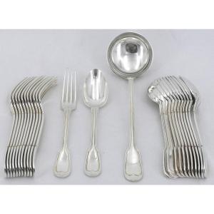 Christofle Chinon/filet Model, 25 Piece Cutlery Set, 12 Table Cutlery Sets + 1 Ladle.