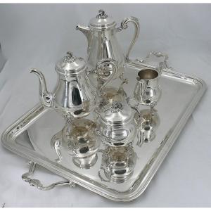 Christofle Marly, 5 Piece Tea/coffee Set With Tray, Silver Plated Metal, Excellent Condition.