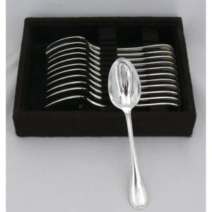 Christofle Malmaison Model, 12 Tea, Coffee, Dessert Spoons, 13.5 Cm, Silver Metal.