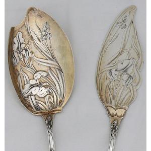 Puiforcat Iris Model, Ice Cream Serving Cutlery, Solid Silver Minerva Vermeil.