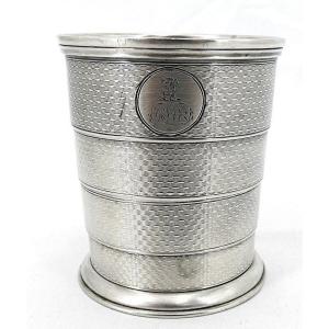 Beautiful Telescopic Travel Mug, English Solid Silver, Coat Of Arms, 19th Century.