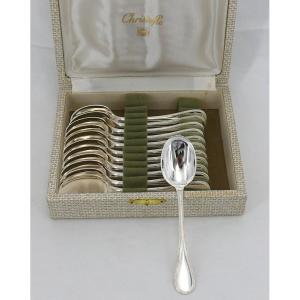 Christofle Perles Model, 12 Spoons, Ice Cream Scoops, Silver Metal In Excellent Condition.