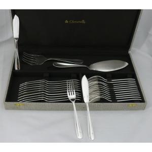 Christofle Dax Model, 12 Fish Cutlery Sets + 1 Serving Cutlery Set, 26 Pieces, Silver Metal.