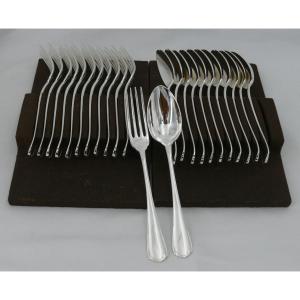 Christofle Japanese Model, 12 Dessert Cutlery Sets, 24 Pieces, Silver Metal.