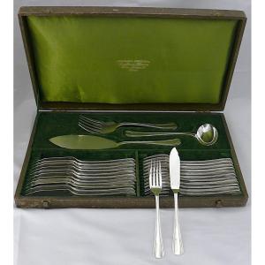 Christofle Boreal Model, 12 Fish Cutlery + Serving Cutlery, 27 Pieces, Silver Metal