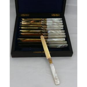 Cardeilhac, 12 Fruit Knives, Silver Gilt And Mother-of-pearl, Old Hallmark.