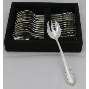 12 Original Spoons, Oyster Forks, Solid Silver Spain, 376 G.