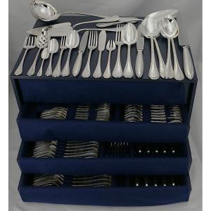 Christofle Rubans Model, 143-piece Silver-plated Metal Cutlery Set, Excellent Condition.