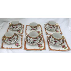 6 Tasses Et 5 Sous Tasses En Porcelaine De Limoges, Cerclage Argent Massif Minerve, Tétard.